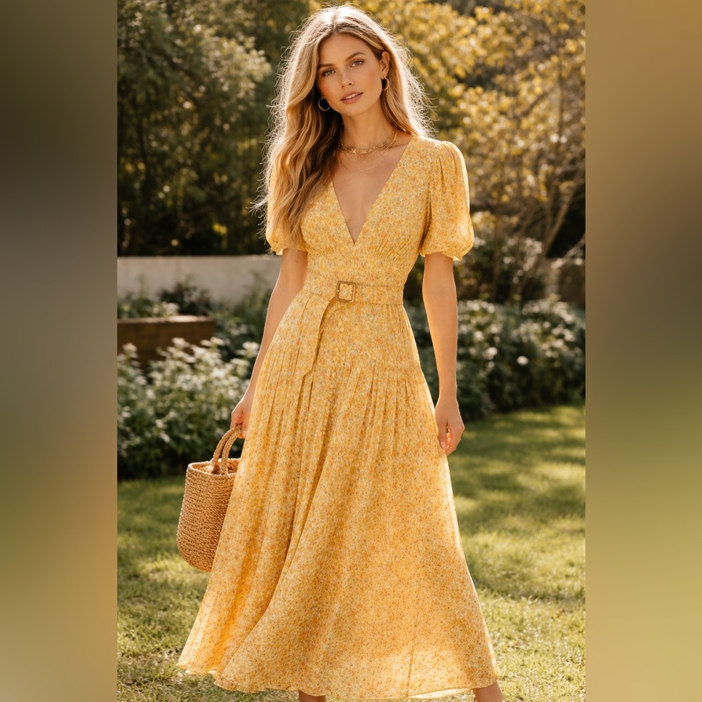 Divine Heritage Sweet Virginia Ditsy Maxi Dress Sunflower Belted Boho small